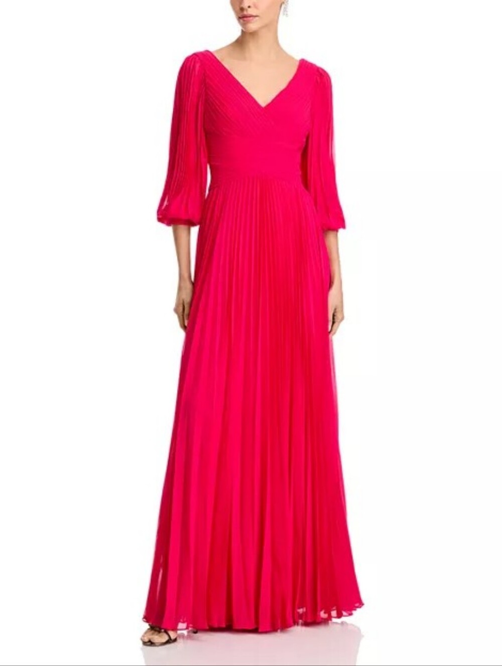 Sz 20 Teri Jon Rickie Freeman Hot Pink Pleated Chiffon 3/4 Sleeve Gown Dress